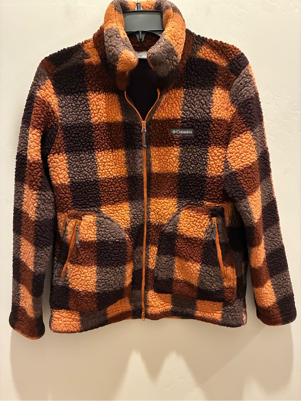 Columbia women’s Orange and Brown Plaid Sherpa Jacket